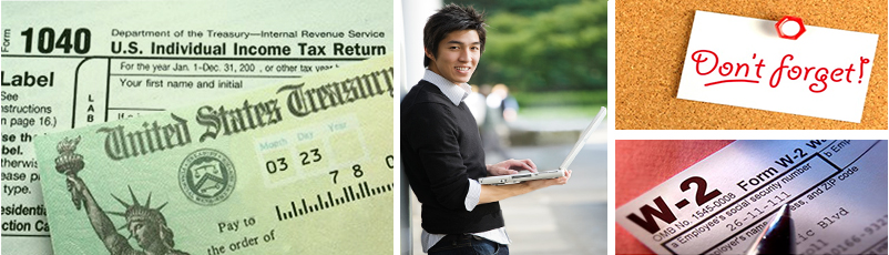 Tax reporting images, forms, student with computer, "Don't forget" note